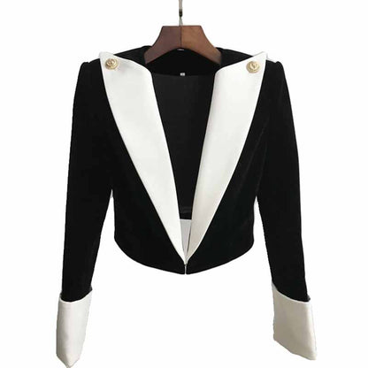 Womne's Cropped Jacket Two-Tone Blazer With Padded Shoulders