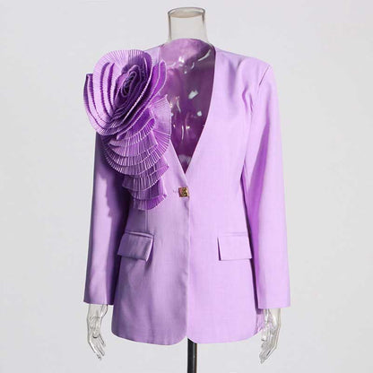 Women's Blazer Flower Embellished V Neck Single Button Jacket