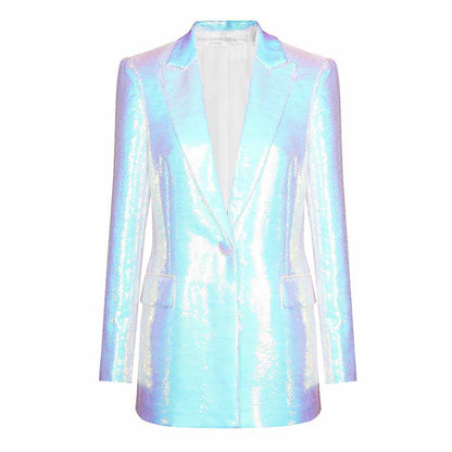 Sequined Middle Length Blazer Long Sleeves Colorful Party Blazer Coat
