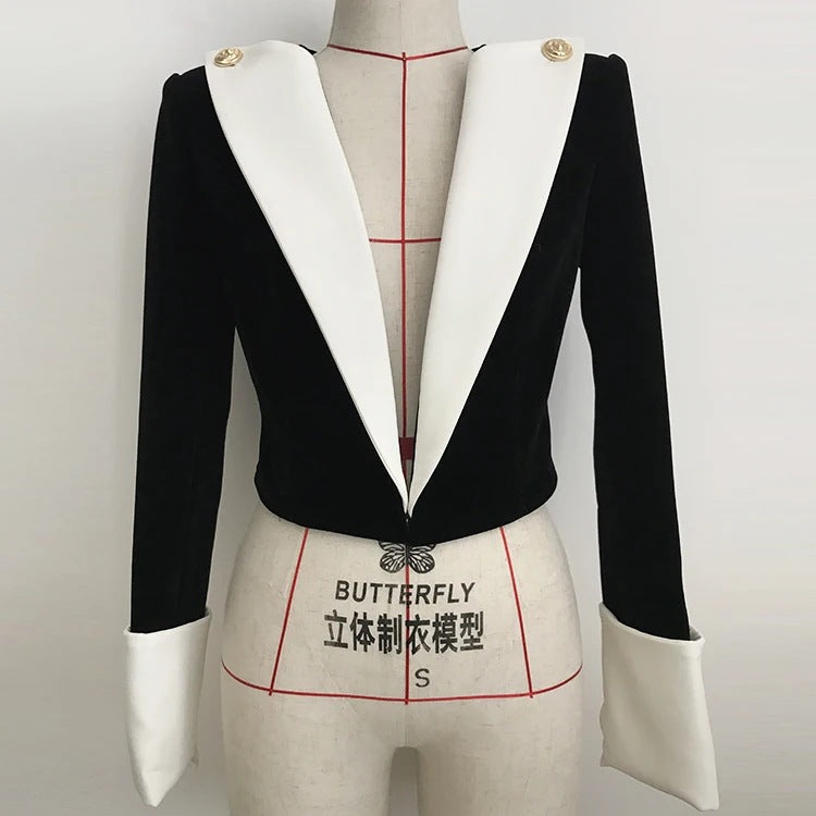 Womne's Cropped Jacket Two-Tone Blazer With Padded Shoulders