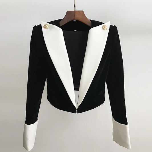 Womne's Cropped Jacket Two-Tone Blazer With Padded Shoulders