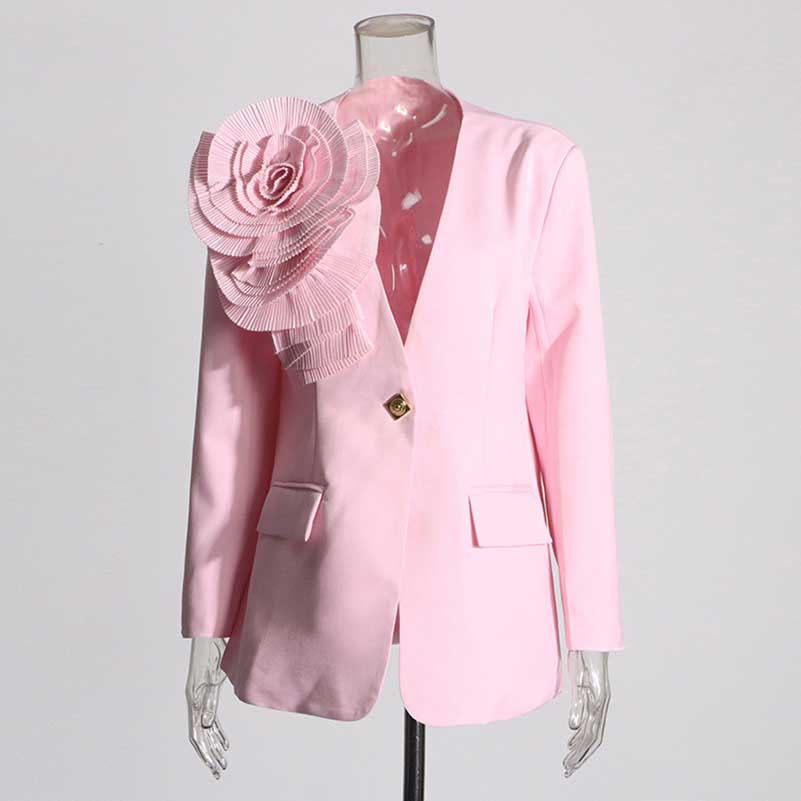 Women's Blazer Flower Embellished V Neck Single Button Jacket