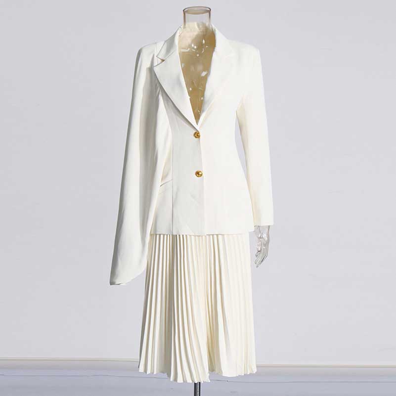 White 2- piece Set Asymmetrical Blazer Pleated Skirts Set