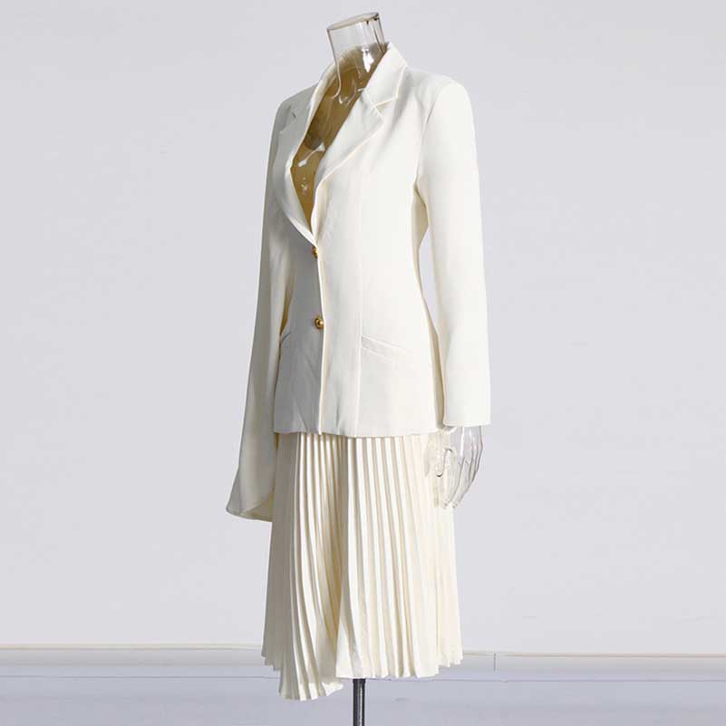 White 2- piece Set Asymmetrical Blazer Pleated Skirts Set