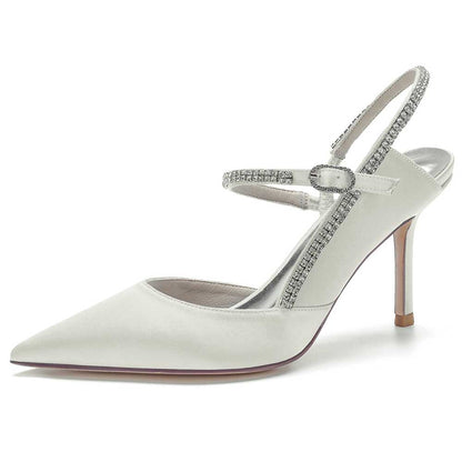 Elegant white bling stiletto pumps for women with a stylish ankle strap and pointed toe design