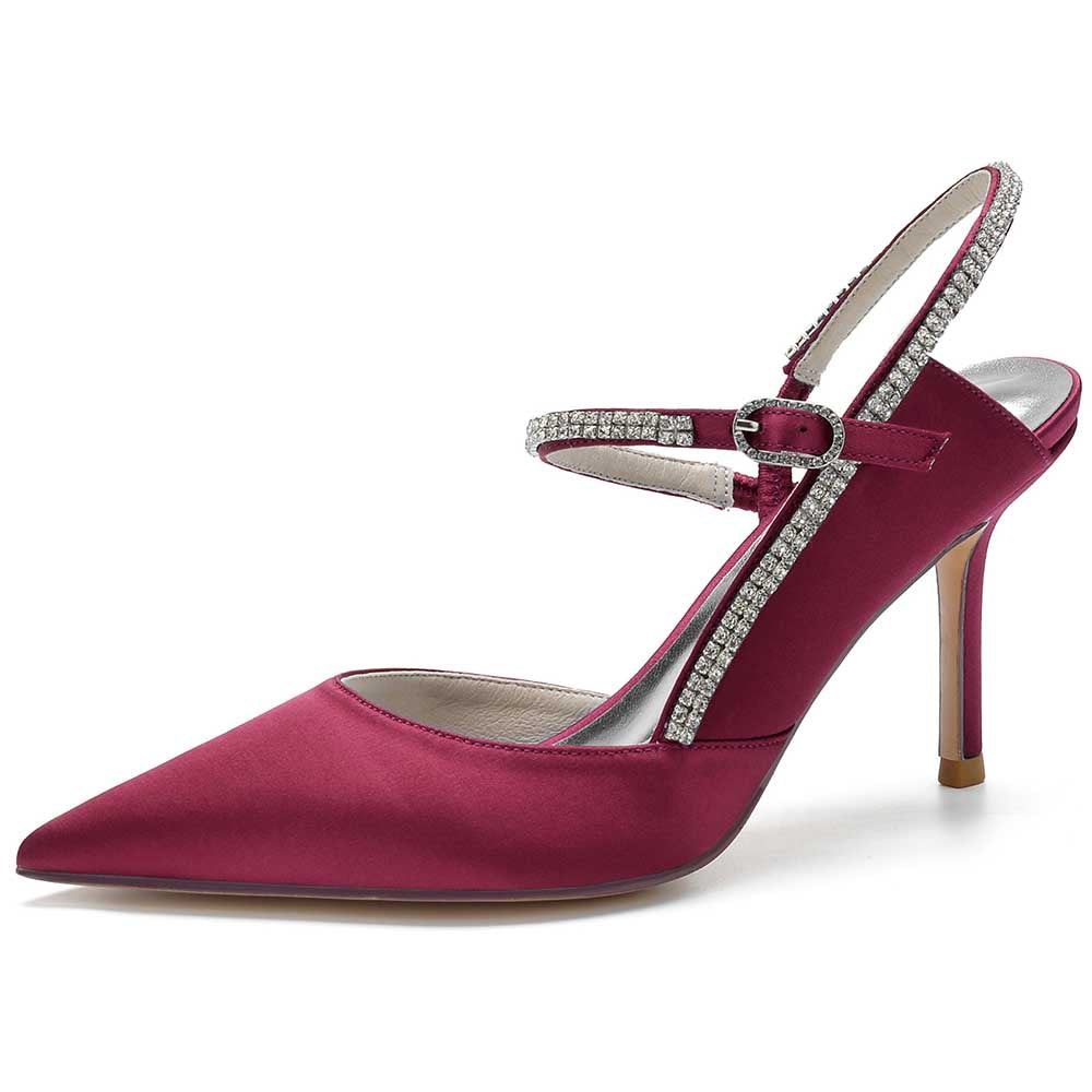 Elegant burgundy bling stiletto pumps for women with sparkling ankle straps and pointed toes
