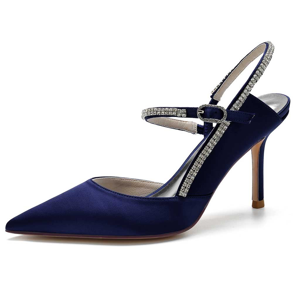 Elegant navy blue bling stiletto pumps for women with sparkling straps and sleek design