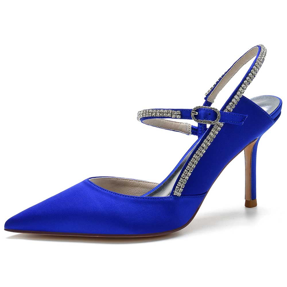 Stylish blue bling stiletto pumps for women with a sleek design and elegant slingback strap