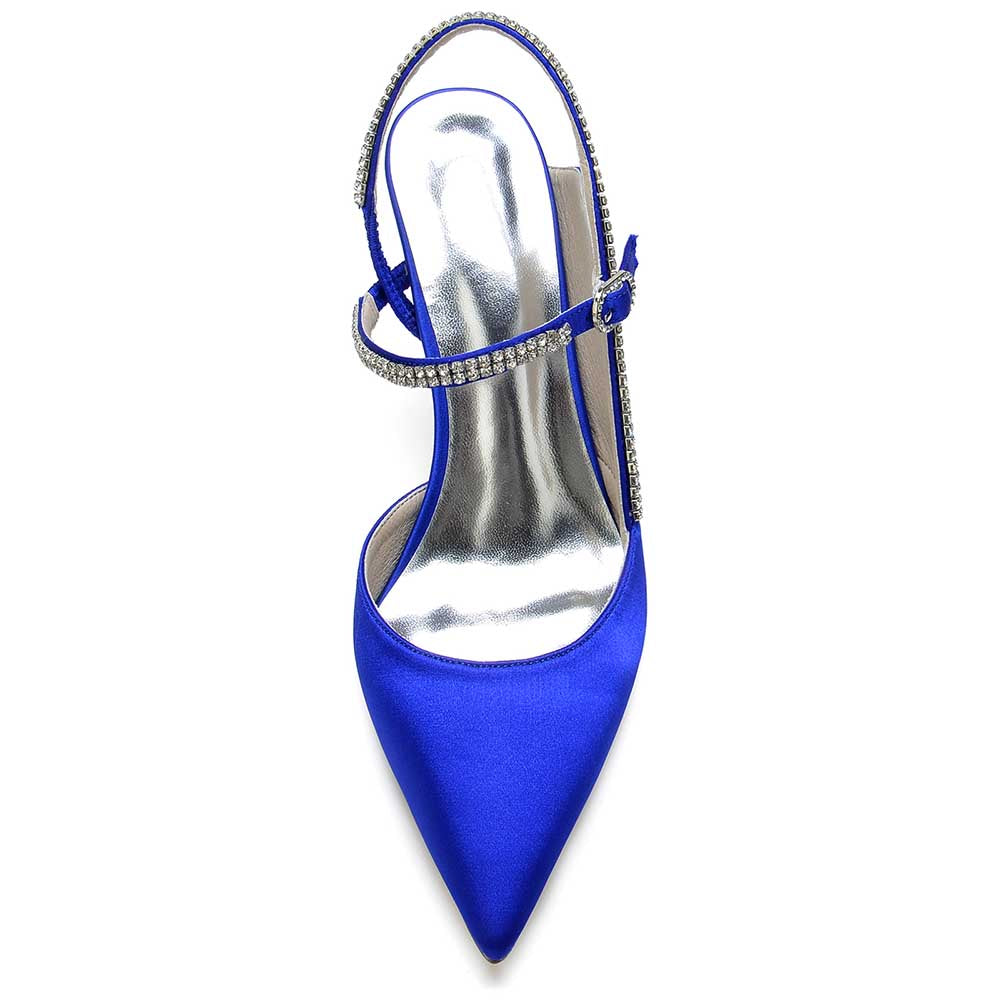 Blue satin bling stiletto pumps for women featuring an elegant ankle strap and pointed toe design