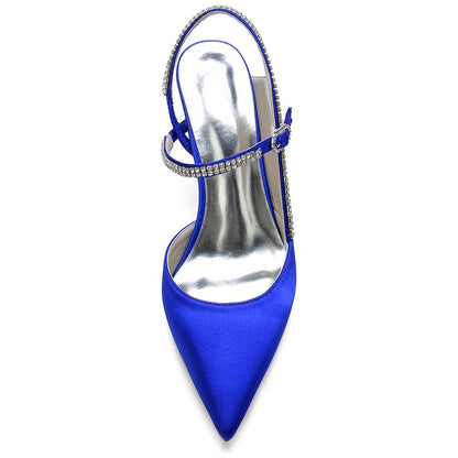Blue satin bling stiletto pumps for women featuring an elegant ankle strap and pointed toe design