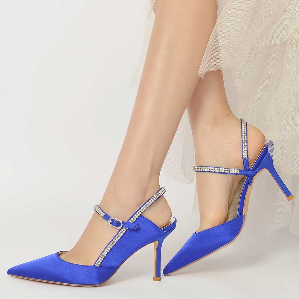 Bling stiletto pumps for women in blue satin with jeweled ankle straps for elegant occasions