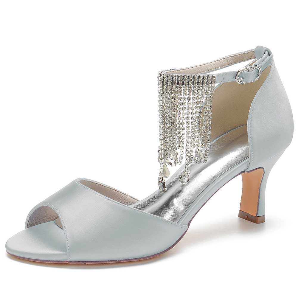 Elegant bling tassel high heel sandals in silver with open toe design and decorative fringe
