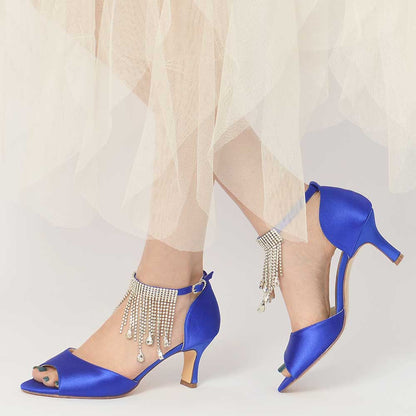 Bling tassel high heel sandals in blue with elegant pearl detailing, perfect for special occasions