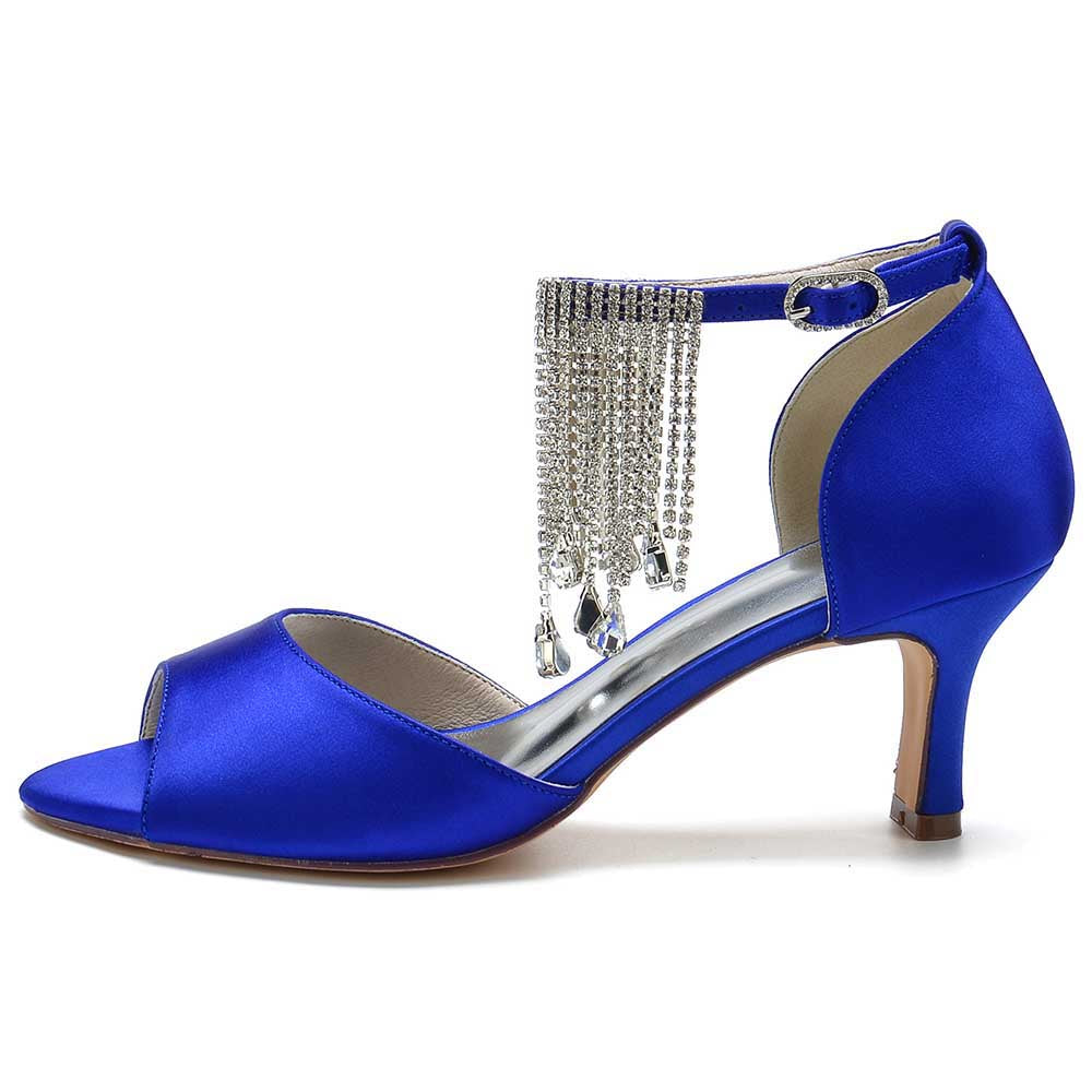 Bling tassel high heel sandals in blue satin with sparkling embellishments and an adjustable strap