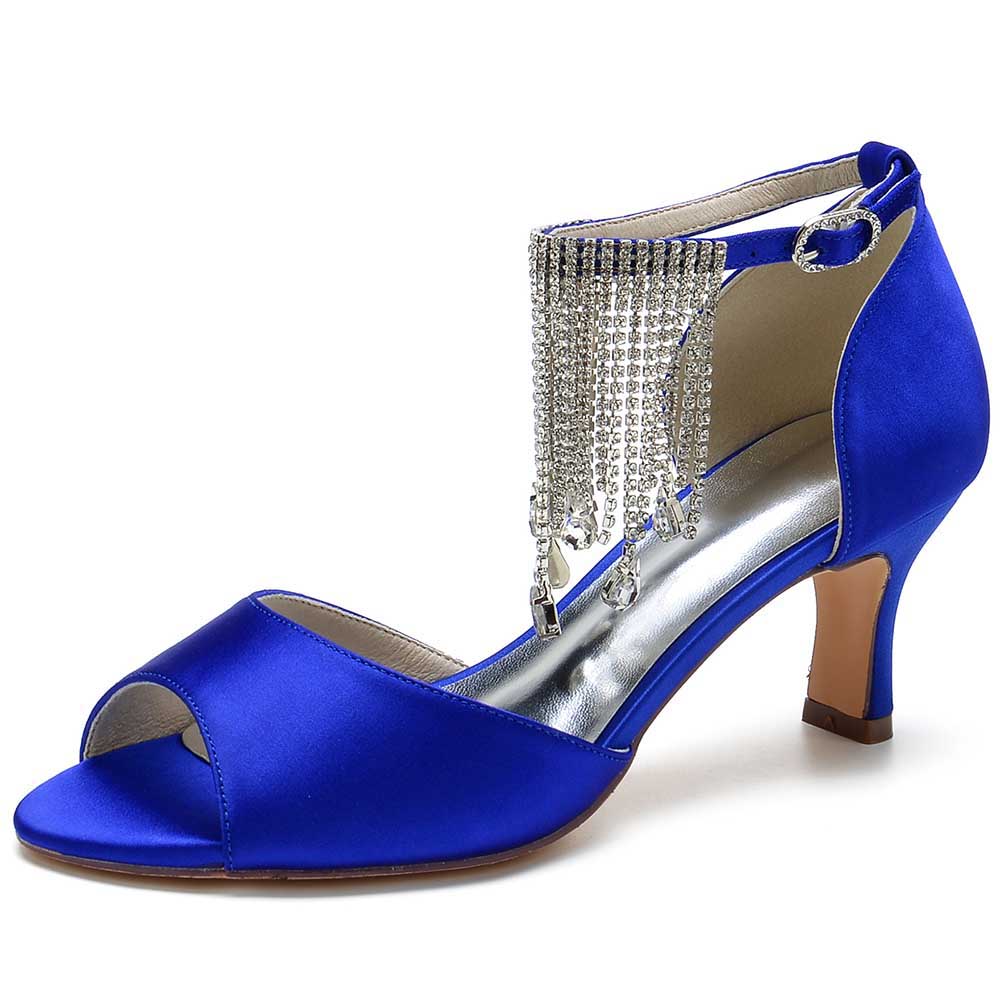 Bling tassel high heel sandals in vibrant blue satin with decorative ankle tassels