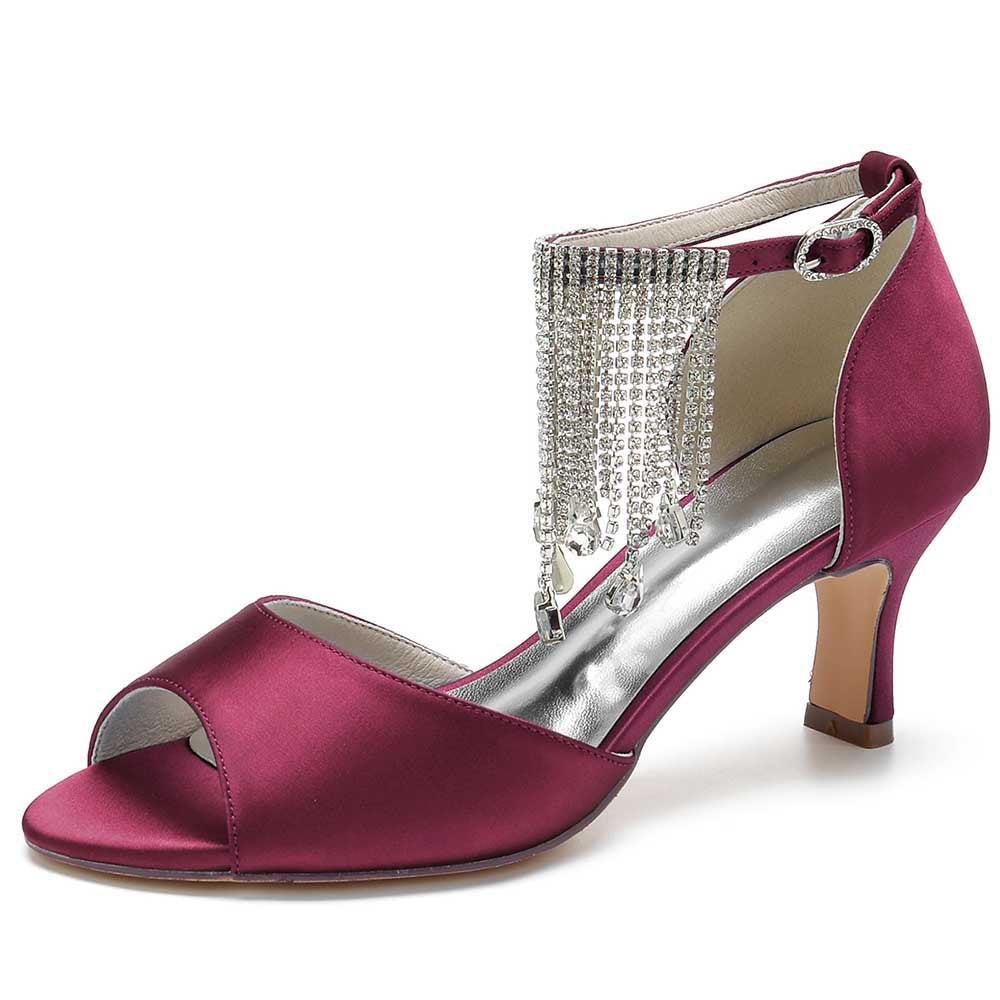Bling tassel high heel sandals in burgundy with open toe and sparkling embellishments