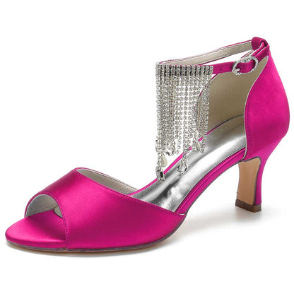 Bling tassel high heel sandals in vibrant pink satin with elegant ankle embellishments