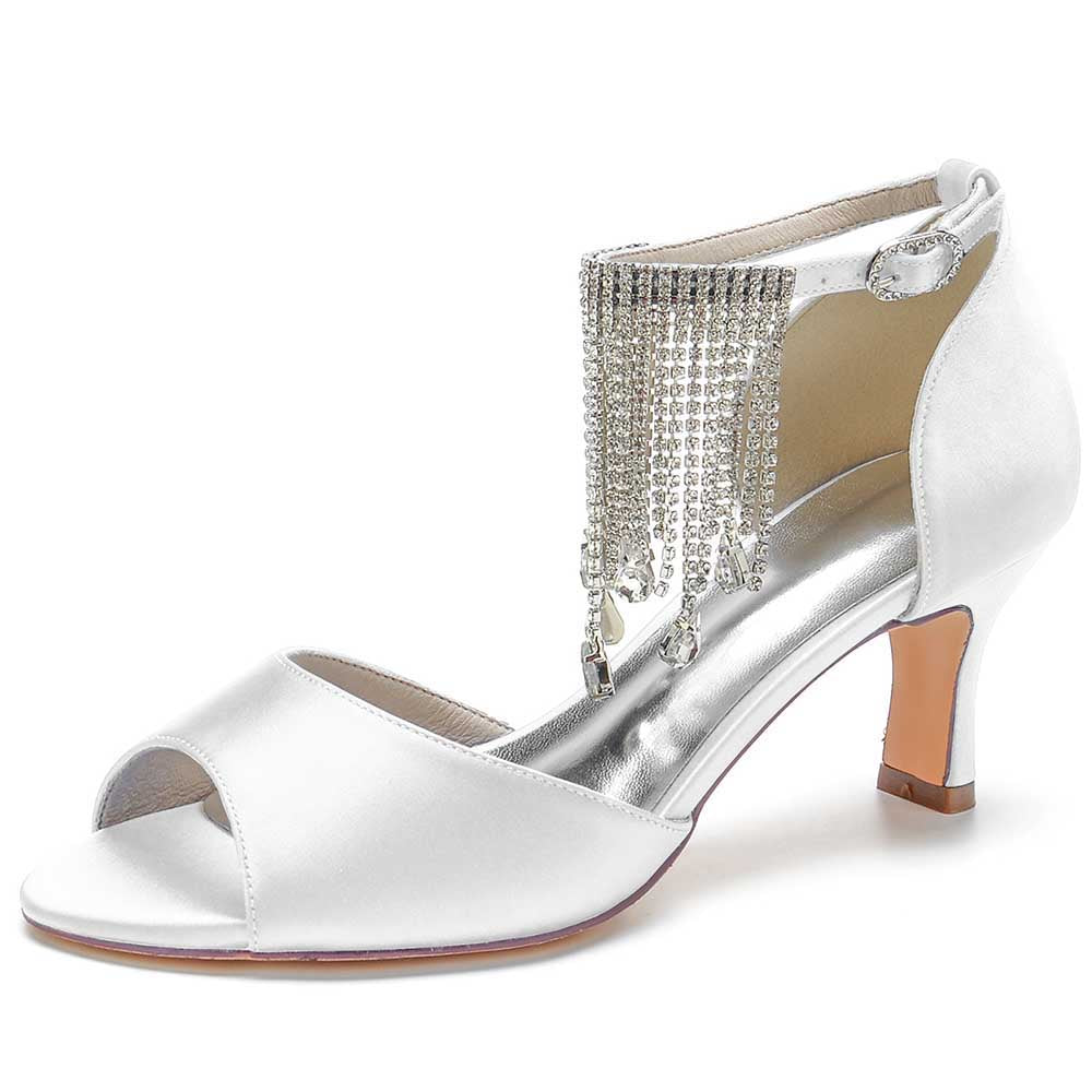 Elegant bling tassel high heel sandals in white satin with stylish open-toe design