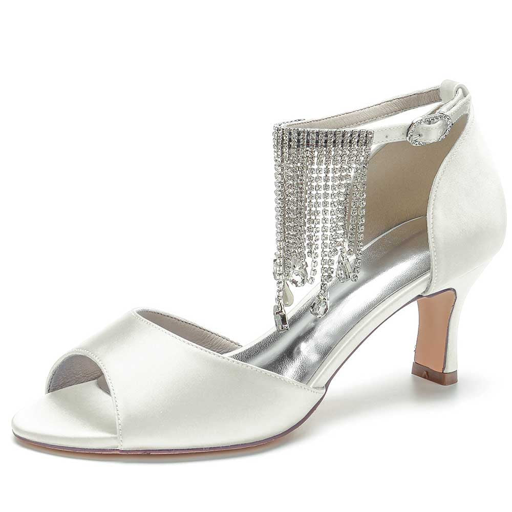 Elegant bling tassel high heel sandals in white with an open toe and shimmering embellishments