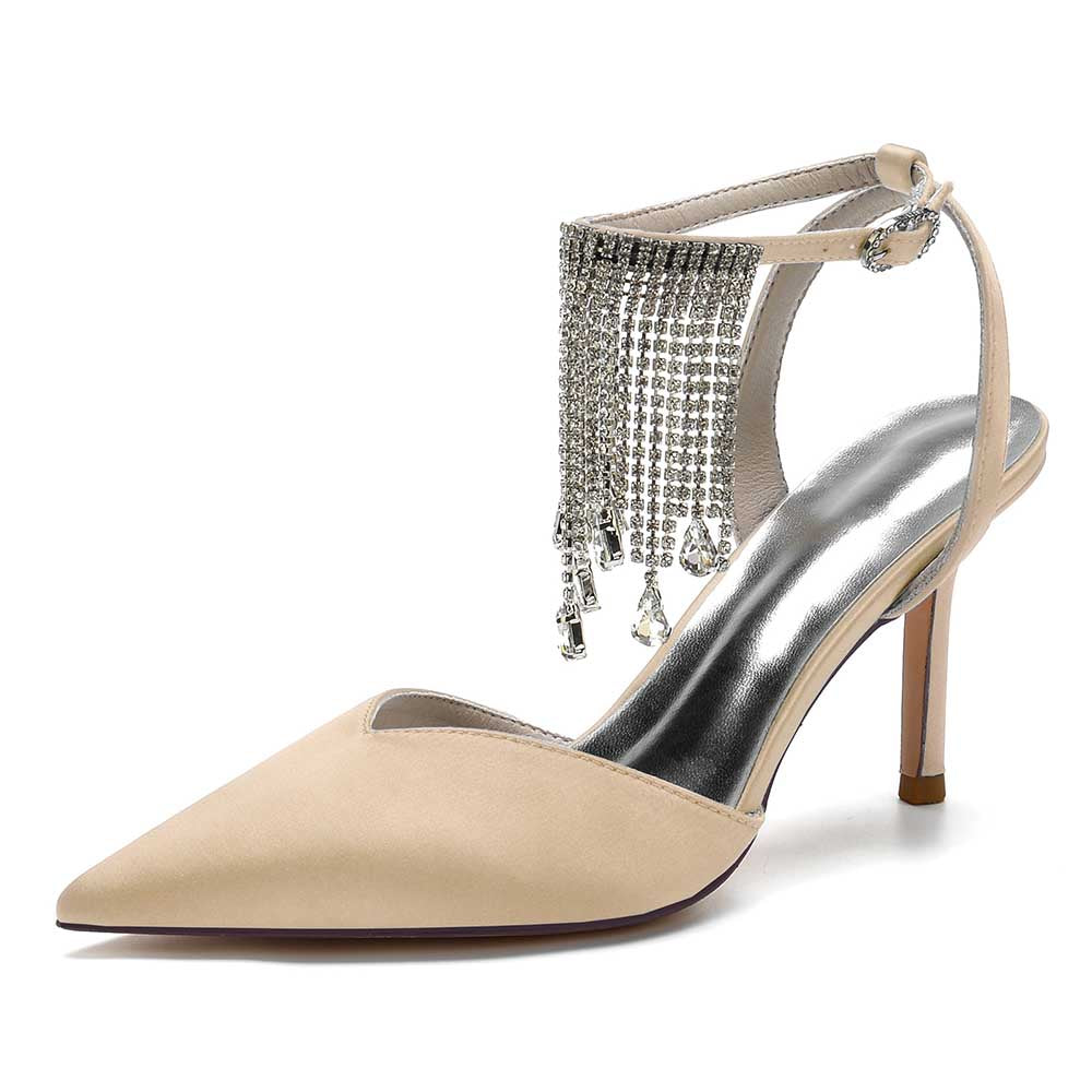 Bling tassel high heel shoes in nude with elegant silver detailing and a pointed toe
