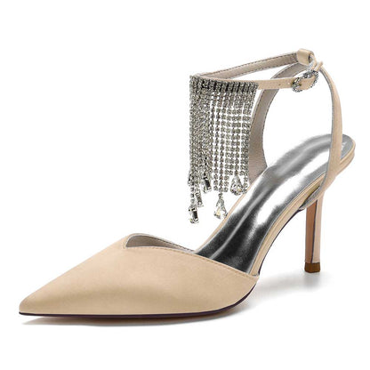 Bling tassel high heel shoes in nude with elegant silver detailing and a pointed toe