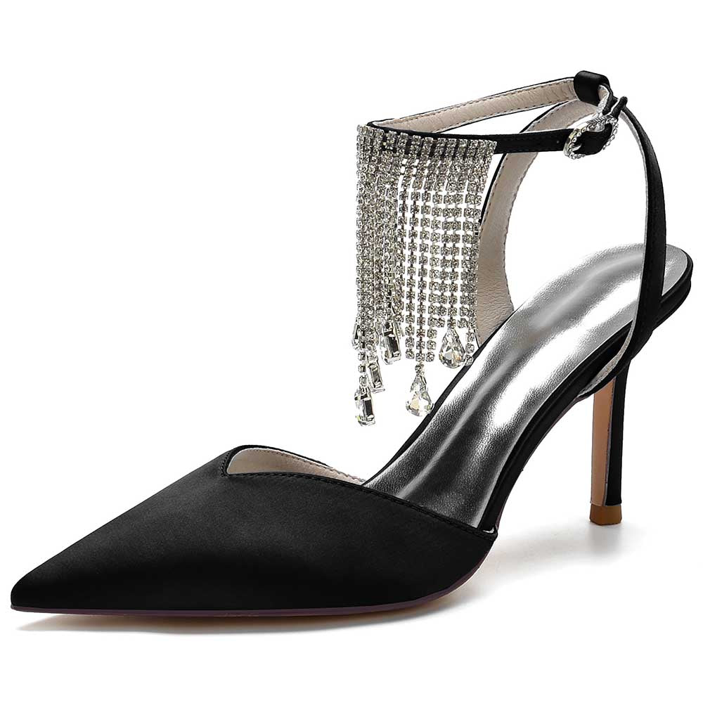Elegant black bling tassel high heel shoes with a sleek pointed toe and ankle strap embellishments