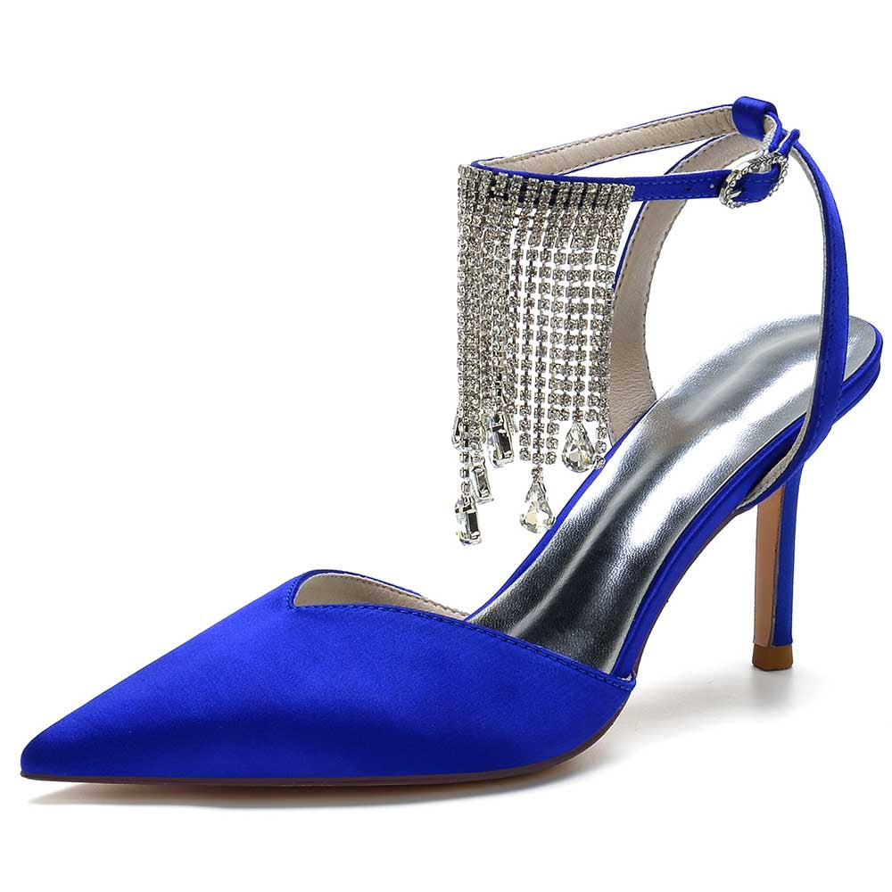 Bright blue bling tassel high heel shoes with stylish pointed toe and supportive ankle strap