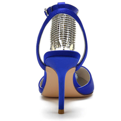 Stylish blue bling tassel high heel shoes with a shimmering back design for elegant occasions