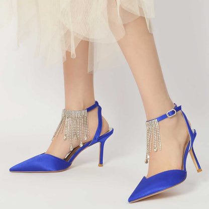 Bling tassel high heel shoes in royal blue with elegant pearl accents for a glamorous look