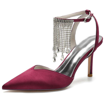 Bling tassel high heel shoes in burgundy with a pointed toe and shimmering tassel detailing