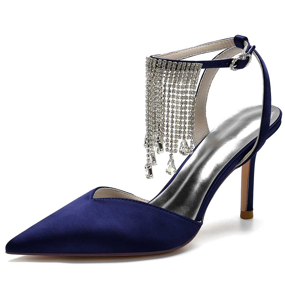 Navy Blue Bling Tassel High Heel Shoes with Elegant Design and Adjustable Strap