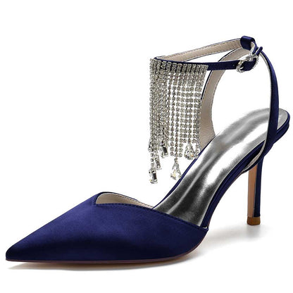 Navy Blue Bling Tassel High Heel Shoes with Elegant Design and Adjustable Strap