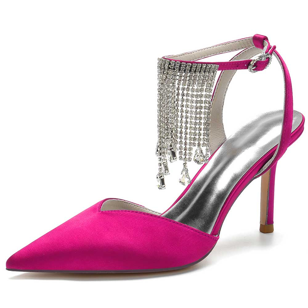 Fuchsia bling tassel high heel shoes with a sleek pointed toe and elegant ankle strap