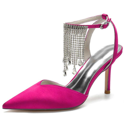 Fuchsia bling tassel high heel shoes with a sleek pointed toe and elegant ankle strap