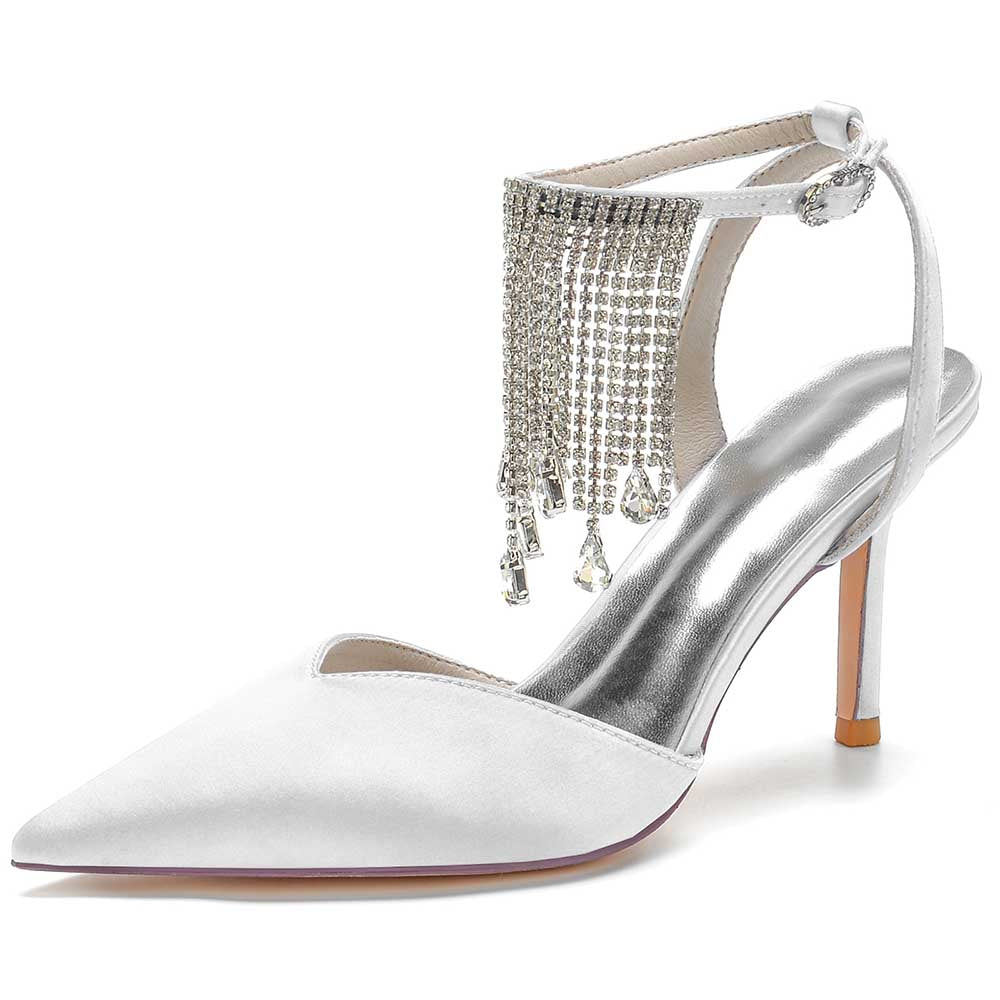 Sleek white bling tassel high heel shoes with elegant design and pointed toe for stylish occasions
