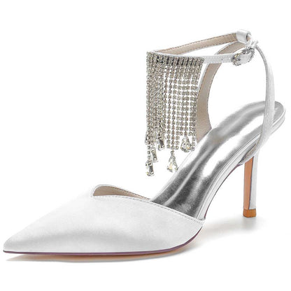 Sleek white bling tassel high heel shoes with elegant design and pointed toe for stylish occasions