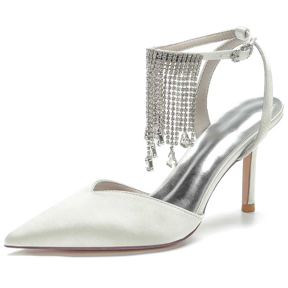 Bling tassel high heel shoes in white satin with decorative fringe and a stylish ankle strap