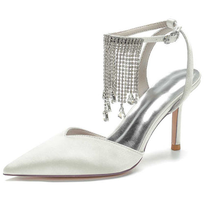 Bling tassel high heel shoes in white satin with decorative fringe and a stylish ankle strap