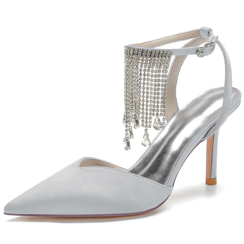 Elegant bling tassel high heel shoes in light blue with jeweled ankle detail for stylish occasions