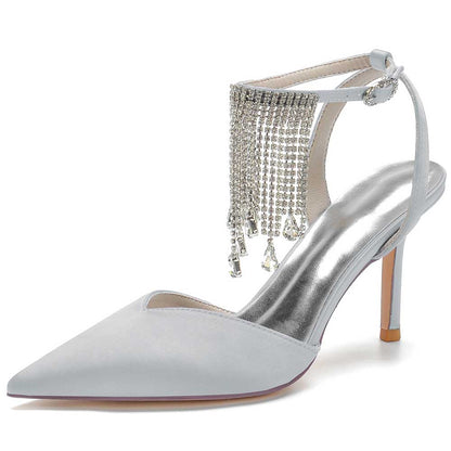 Elegant bling tassel high heel shoes in light blue with jeweled ankle detail for stylish occasions