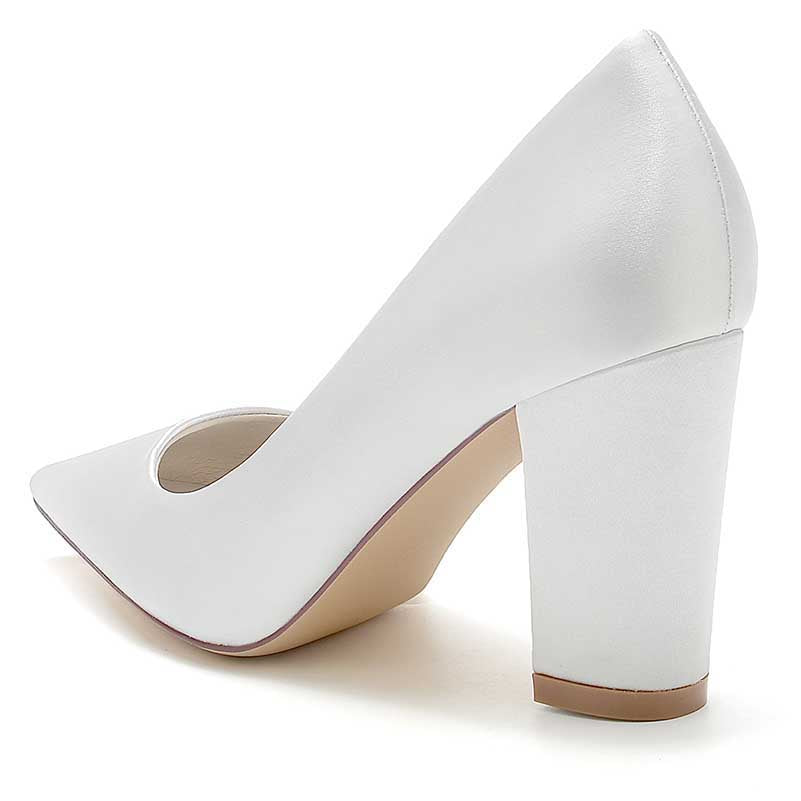 Elegant white block heel bridal shoes with flower appliqué, perfect for weddings and special occasions