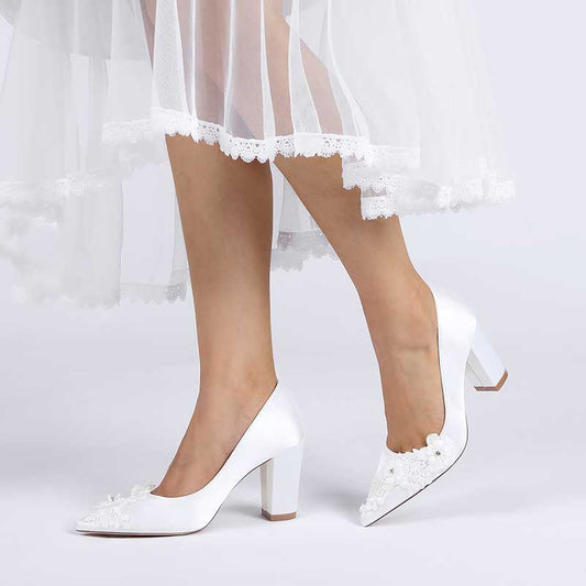 Elegant block heel bridal shoes with flower appliqué, perfect for weddings and special occasions