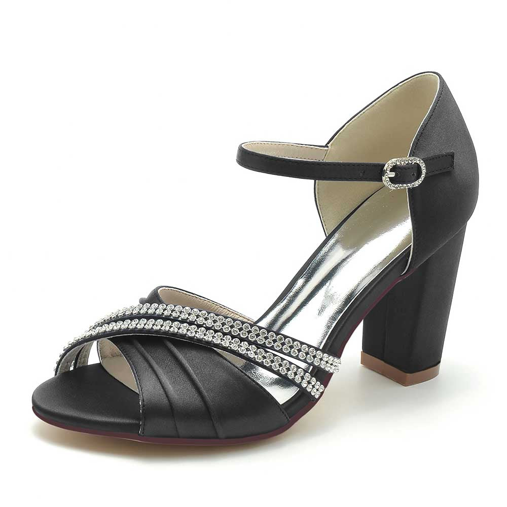 S&DCo. Block heel wedding sandals with rhinestone detail and ankle strap for elegant bridal style