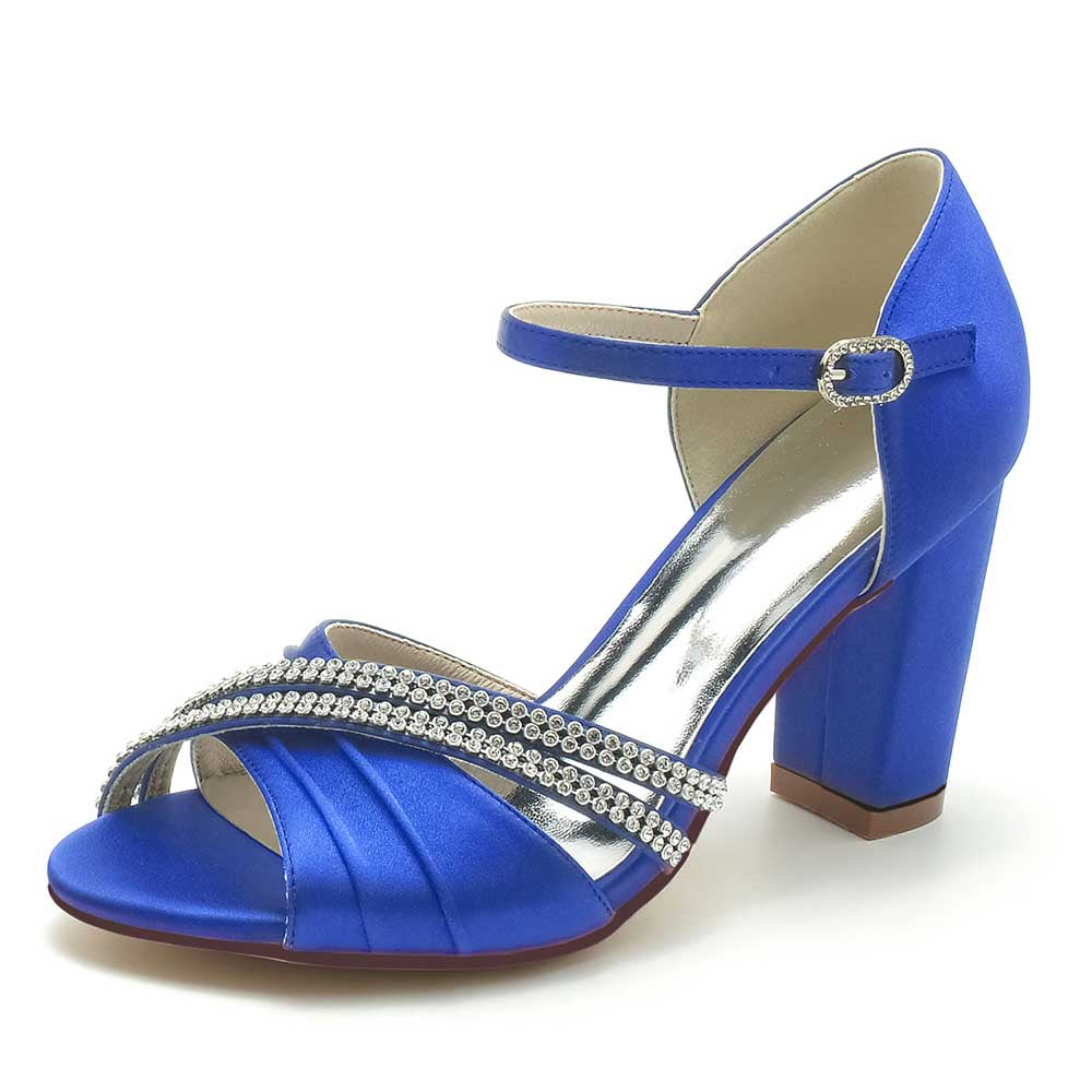 S&DCo. Blue Block Heel Wedding Sandals with Sparkling Rhinestone Straps and Ankle Buckle