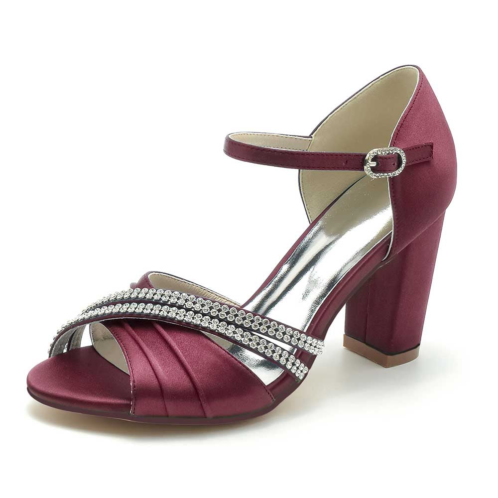 S&DCo. Burgundy block heel wedding sandals with rhinestone embellishments and ankle strap