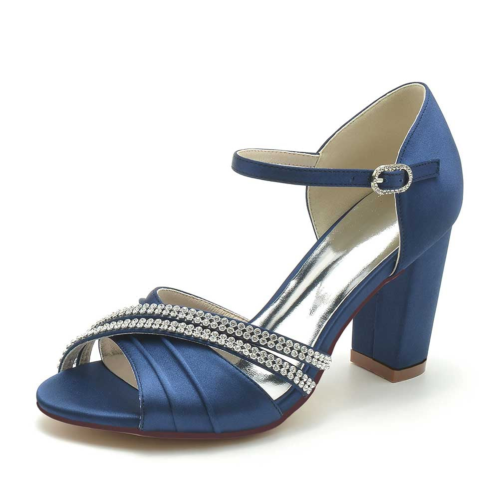 Elegant blue block heel wedding sandals with sparkling rhinestone detailing for bridal wear