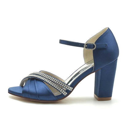 S&DCo. Blue Block Heel Wedding Sandals with Rhinestone Detail and Ankle Strap for Elegant Style