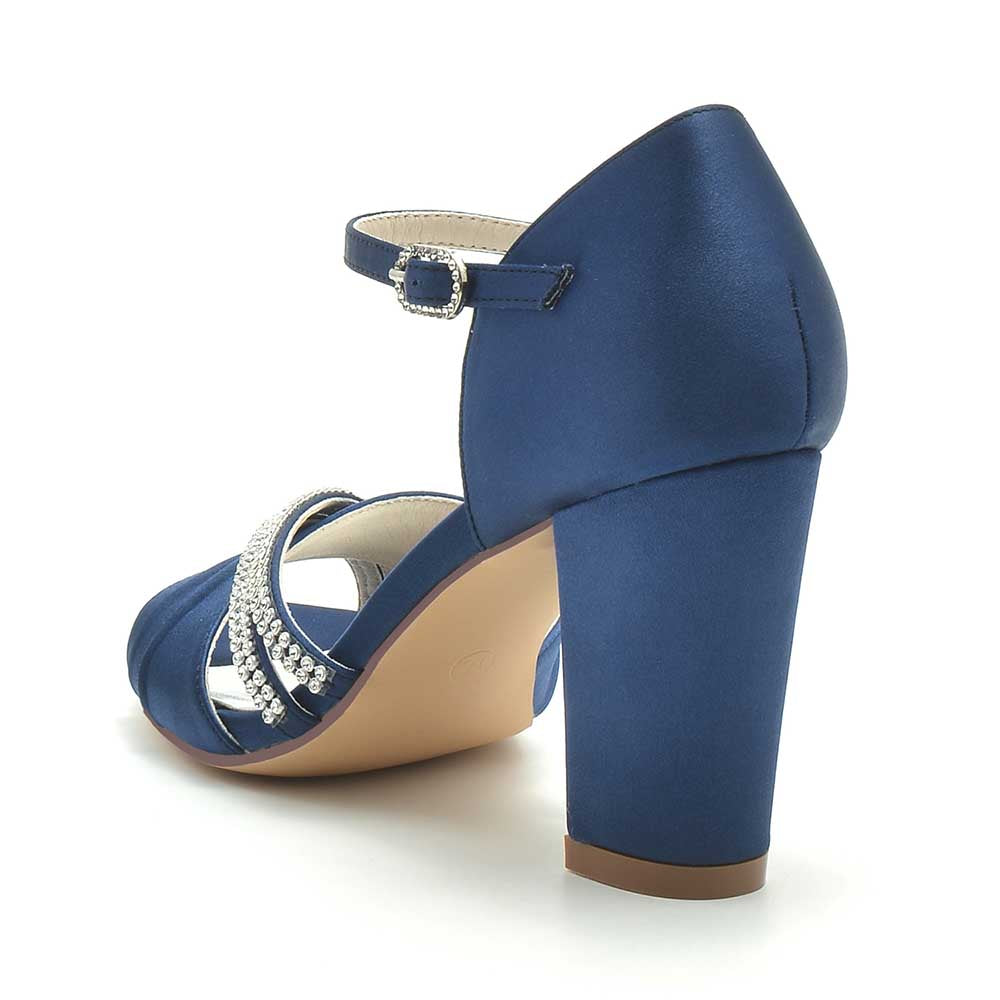 Elegant navy S&DCo. block heel wedding sandals with sparkling rhinestone accents