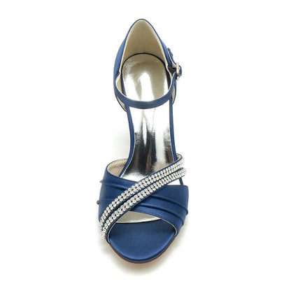 S&DCo. Blue Block Heel Wedding Sandals with Pearl Straps for Elegant Bridal Style