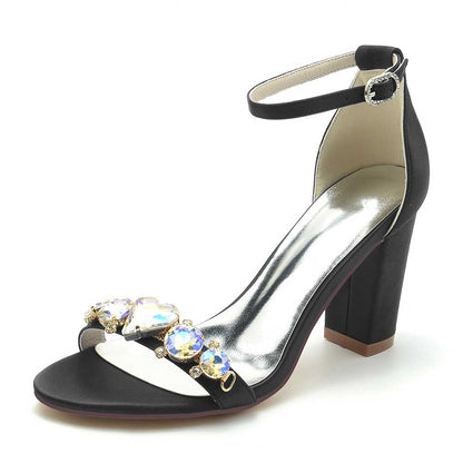 Elegant black block heel wedding sandals for brides with crystal embellishments and ankle strap
